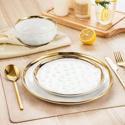 12-Piece Dinnerware, White With Golden Border, Poreclain Tableware, Dinner Plate, Dessert Plate And Bowl, Sevice For 4