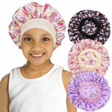 Awegeo 3 Pcs Children's Bonnets Printed Wide Edge Elastic Silky Soft Satin Bonnet, Casual And Comfortable Hair Cap, Sleeping Bonnet Turbans - 3PCS - View 11