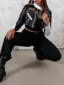 Women's Faux Leather Cropped Jacket, Long Sleeve Stand Collar Zip Up Motor Biker Coat - Black - View 6