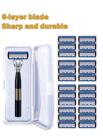 1 个手柄 + 24 个刀片 + 剃须刀收纳盒，男女手动剃须刀 6 层不锈钢脱毛剃须刀片可更换剃须刀头剃须工具，适用于男士脱毛、面部脱毛、毛发修剪器、毛发修剪器、理发用品、理发、防滑手柄，适用于个人护理和礼物