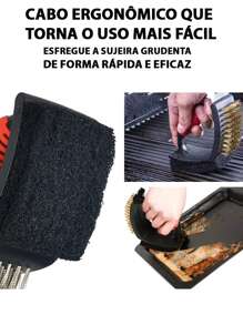 Escova Para Limpar Grelha Com Cabo 3 Em 1 Com Espátula e Esponja Abrasiva Aço Inox