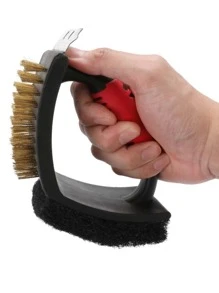 Escova Para Limpar Grelha Com Cabo 3 Em 1 Com Espátula e Esponja Abrasiva Aço Inox