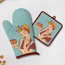 Set Of 1 Insulated Glove & Heat Resistant Mat, Polyester Fiber + Cartoon Character Series, Home/Kitchen Oven Mitt, Baking Glove With Trivet Mat, Protection For Thanksgiving, Halloween