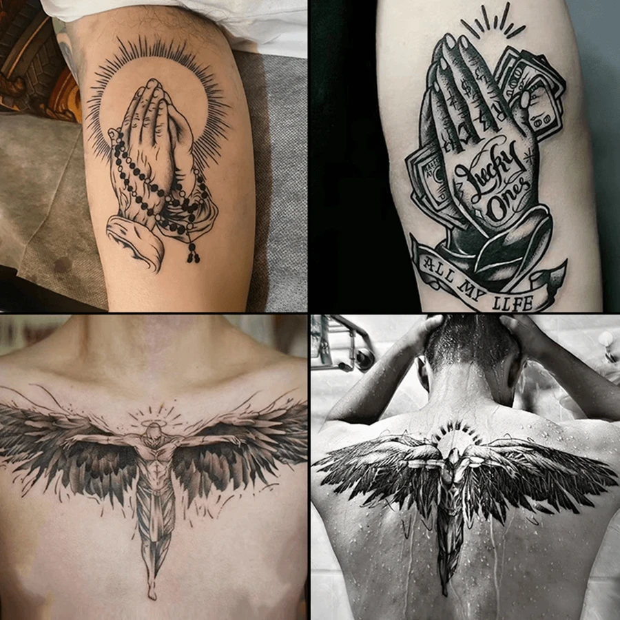 （4 件套堕落天使祈祷之手设计）草本临时纹身，逼真持久，逐渐显色，持续 7-15 天，防水防刮 - 黑色 - 查看 1