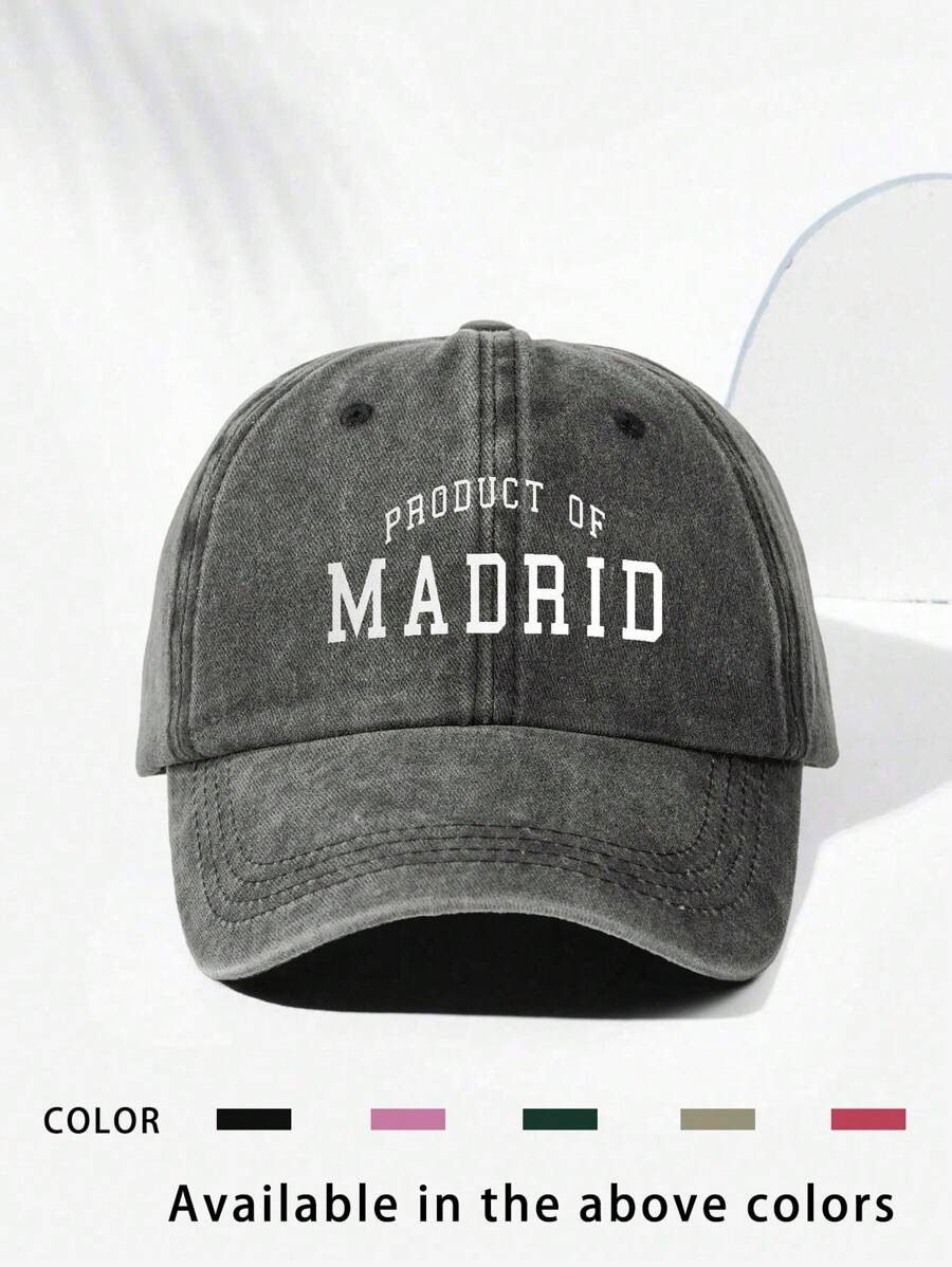 1pc Printed "PAODUCT OF MADRID" Washed Baseball Cap, Breathable Adjustable Outdoor Golf Sun Hat For Men & Women, Fashion Curved Brim Unisex Y2K Sun Visor, Suitable For All Seasons - Print - View 1