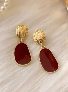 1 Pair Elegant Luxury Vintage-Style Red Enamel Geometric Design Earrings For Women, Suitable For Formal Events And Parties