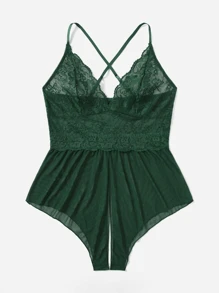 性感内衣加大码性感连体裤配绿色吊带，蕾丝网眼连体裤