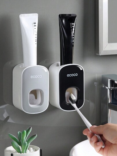 Wall Mounted Toothbrush Holder - With Bathroom Cover, 2 Slots Toothbrush Storage Box For Shower, Self-Adhesive Toothbrush Holder With Automatic Toothpaste Dispenser - Toothpaste Tube For Adults And Kids - Automatic Toothpaste Dispenser Wall Mounted Bathroom Automatic Toothpaste Dispenser Available In 2 Colors: Black And White Home Bathroom Decor Fall Decor Back To School