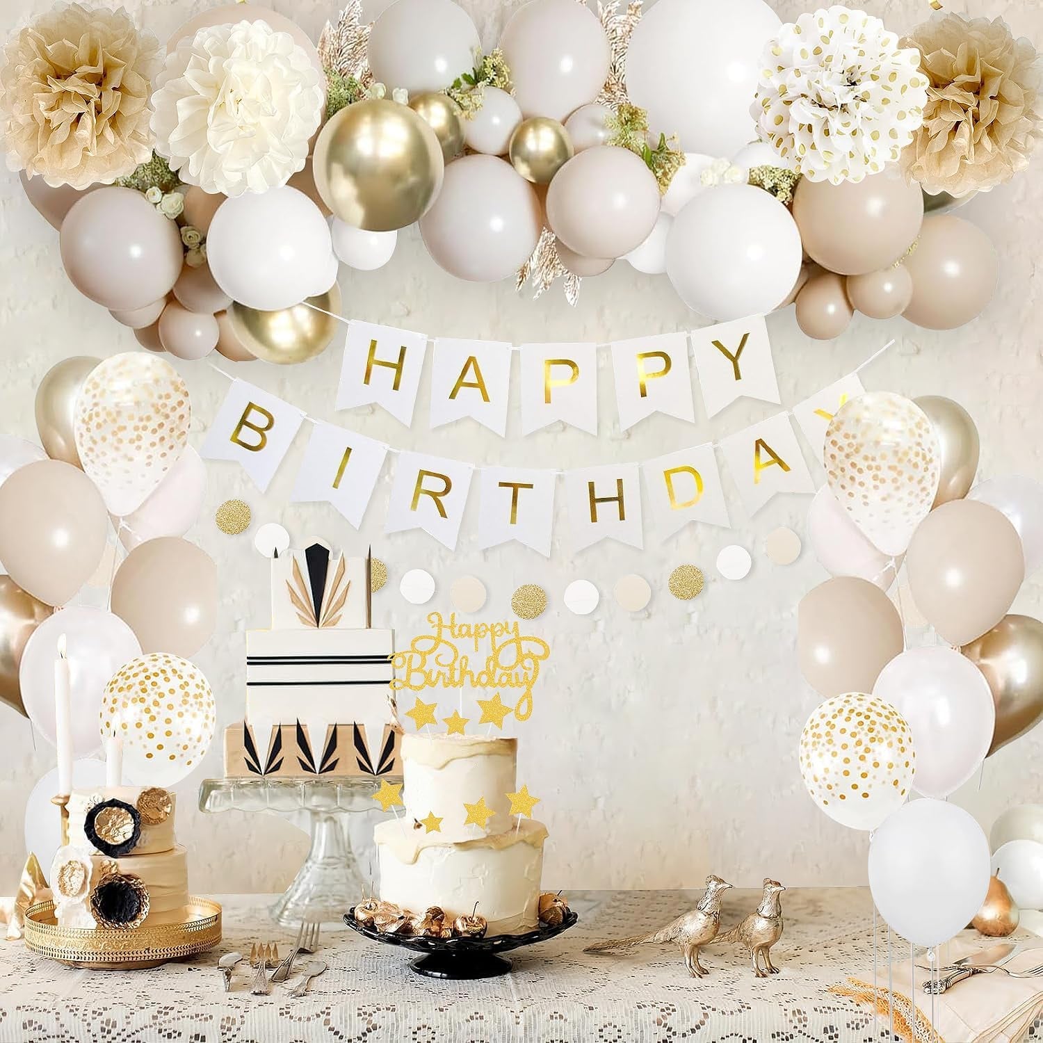 Gold White Birthday Party Decorations For Women Men With Happy Birthday