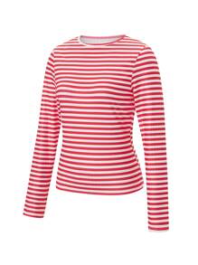 Women's Rib Knitted Striped T-Shirts Contrast Color Slim Fit Long Sleeve Round Neck Casual Tee Tops - Red - View 7
