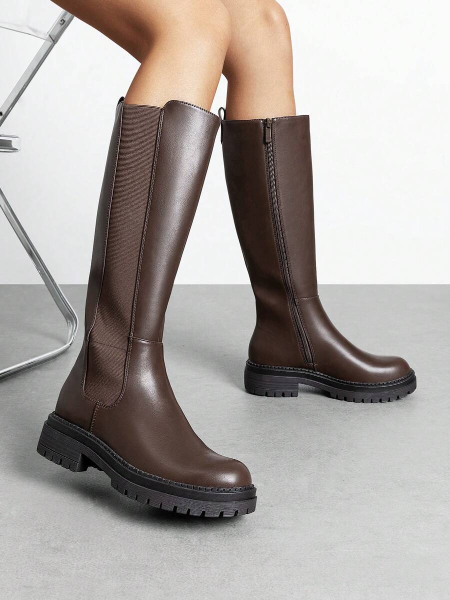 Women's Round-Toe Knee-High Boots Pull On  Flat Solid Color Comfortable Fashionable Boots - màu nâu - Xem 1