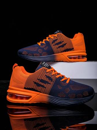 男士拼色渐变针织系带气垫运动鞋，舒适透气减震户外跑步鞋，适合户外运动、慢跑、健身和散步