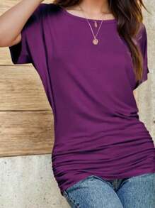 OUTBALL Womens Casual T Shirts Dolman Short Sleeve Shirts Boat Neck Ruched Tops Summer Lightweight Clothes - 深紫色 - 查看 1