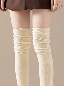 1 双女士过膝袜 过膝长靴袜 女童护腿袜 女士过膝袜 纯色弹力 - 白色 - 查看 4