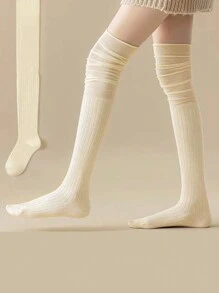 1 双女士过膝袜 过膝长靴袜 女童护腿袜 女士过膝袜 纯色弹力 - 白色 - 查看 6