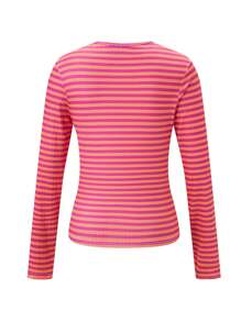 Women's Rib Knitted Striped T-Shirts Contrast Color Slim Fit Long Sleeve Round Neck Casual Tee Tops - Orange - View 5