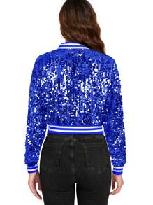 Women's Sparkly Sequin Cropped Jacket Long Sleeve Zipper Up Party Club Bomber Jacket - Xanh đậm - Xem 2