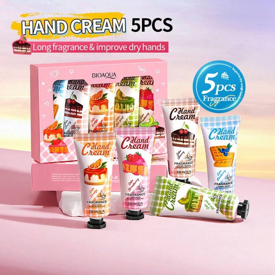 SADOER Set de regalo de 5 paquetes de crema de manos con fragancia dulce de helado y pastel - Crema hidratante para manos secas y agrietadas, cuidado corporal - Crema corporal y de manos hidratante, mini lociones de manos de tamaño de viaje a granel - Regalos para el Día de la Madre, San Valentín, Navidad, Cumpleaños
