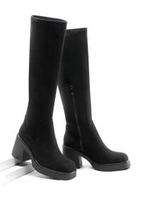 Women's Solid Color Platform Block Chunky Heels Knee-High Boots Square Toe Side Zipper Classic Versatile Long Boots For Fall And Winter - Black - View 2