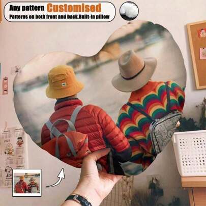 1 Customized Heart-Shaped Pillow (With Pillow Core), Home Decoration Pad, Suitable For Daily Use, Personal Selfies, Family Photos, Sweet Moments, Customizable With Any Image, Perfect Gift For Christmas, Thanksgiving, Valentine's Day, Weddings