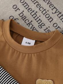 Baby Boys 2 Pieces Knit Round Neck Short Sleeve Striped Outdoor Casual Versatile T-Shirt With Bear Decor, Spring/Autumn