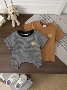 Baby Boys 2 Pieces Knit Round Neck Short Sleeve Striped Outdoor Casual Versatile T-Shirt With Bear Decor, Spring/Autumn