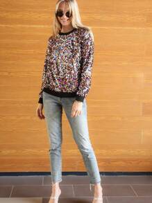 Women's Glitter Sequin Sweatshirt Long Sleeve Pullover Tops With Ribbed Cuffs - Multicolor - View 7