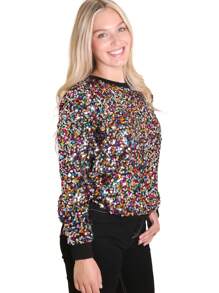 Women's Glitter Sequin Sweatshirt Long Sleeve Pullover Tops With Ribbed Cuffs - Multicolor - View 3