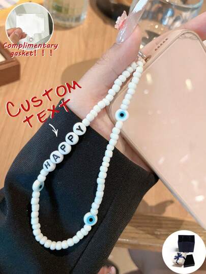 Customized Phone Lanyard, Fashionable & Personalized Pearl & Evil Eye Phone Strap, Can Be Customized With Name, Slogan, Location, Date, Suitable As Birthday, Anniversary Gift Or Accessory