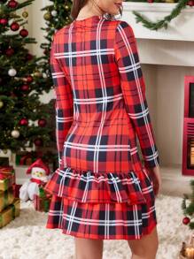 Christmas Round Neck Plaid Print Ruffle Trim Bodycon Dress