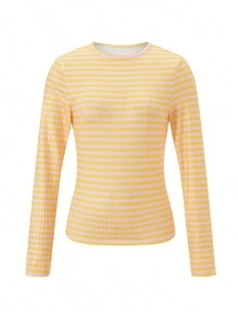 Women's Rib Knitted Striped T-Shirts Contrast Color Slim Fit Long Sleeve Round Neck Casual Tee Tops - Yellow - View 2