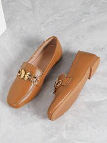 Women's Casual Flat Square Toe Shoes With Metal Buckle, Brown Loafers