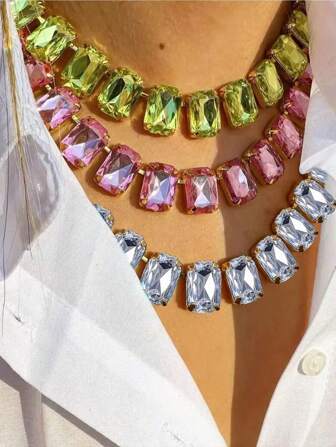 New Luxury Classic Sparkling Pink And White Crystal Necklace For Women, Adjustable Square Large Glass Collarbone Chain, Fashionable Jewelry, Exquisite Necklace For Women,New Handmade Shiny Sea Blue Crystal Inlaid Necklace