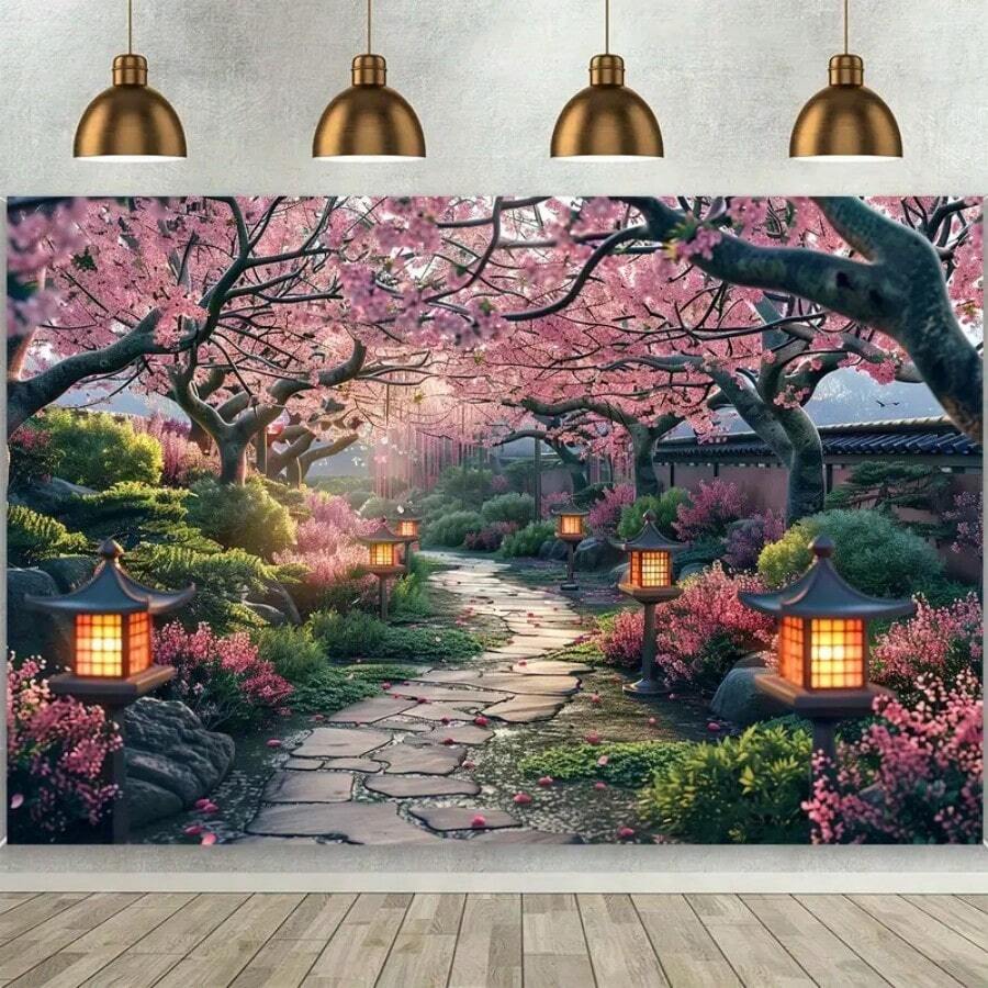 Vải nền chụp ảnh đường đi trong vườn mùa xuân đa chức năng - Biểu ngữ cảnh quan cây và hoa bằng sợi polyester, thích hợp cho đám cưới, sinh nhật và trang trí nhà cửa - Không cần nguồn điện - Nhiều màu - Xem 1