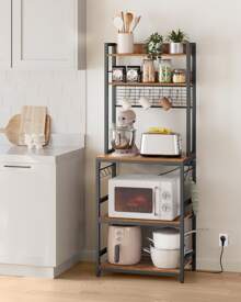 VASAGLE Kitchen Storage Rack With Power Outlet, Coffee Bar, Baker's Rack, With Metal Wire Panel, 14 Hooks, For Microwave, Steel Frame, 40 X 60 X 170 Cm, Rustic Brown And Ink Black