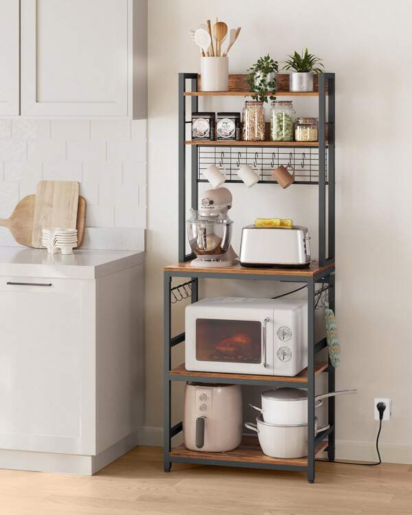 VASAGLE Kitchen Storage Rack With Power Outlet, Coffee Bar, Baker's Rack, With Metal Wire Panel, 14 Hooks, For Microwave, Steel Frame, 40 X 60 X 170 Cm, Rustic Brown And Ink Black