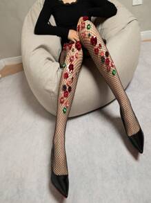 Medias transparentes ultra finas de color negro con malla transparente, perlas falsas, lentejuelas brillantes y hermosas flores, flor roja hecha a mano con rhinestones, piedras preciosas, sexy y atmosférico, personalizado, mallas de red exageradas - Negro - Ver 4