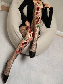 Medias transparentes ultra finas de color negro con malla transparente, perlas falsas, lentejuelas brillantes y hermosas flores, flor roja hecha a mano con rhinestones, piedras preciosas, sexy y atmosférico, personalizado, mallas de red exageradas - Negro - Ver 6