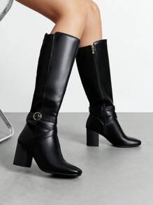 Women's  Chunky Heel Knee-High Boots Block Heel Pull On Side Zipper Comfortable Fashionable Buckle Riding Boots - 黑色 - 查看 1