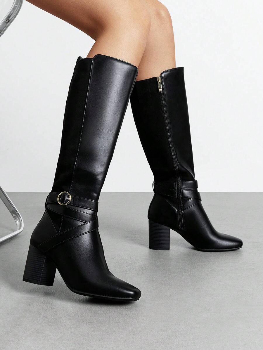 Women's Chunky Heel Knee-High Boots Block Heel Pull On Side Zipper Comfortable Fashionable Buckle Riding Boots - 黑色 - 查看 1