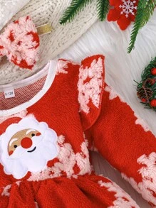 女婴圣诞节可爱盖袖雪花图案羊毛保暖连衣裙，配头饰蝴蝶结