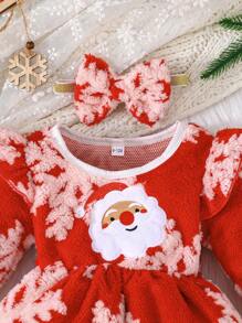 女婴圣诞节可爱盖袖雪花图案羊毛保暖连衣裙，配头饰蝴蝶结
