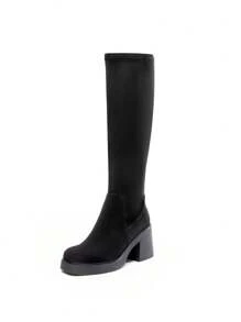 Women's Solid Color Platform Block Chunky Heels Knee-High Boots Square Toe Side Zipper Classic Versatile Long Boots For Fall And Winter - Black - View 5