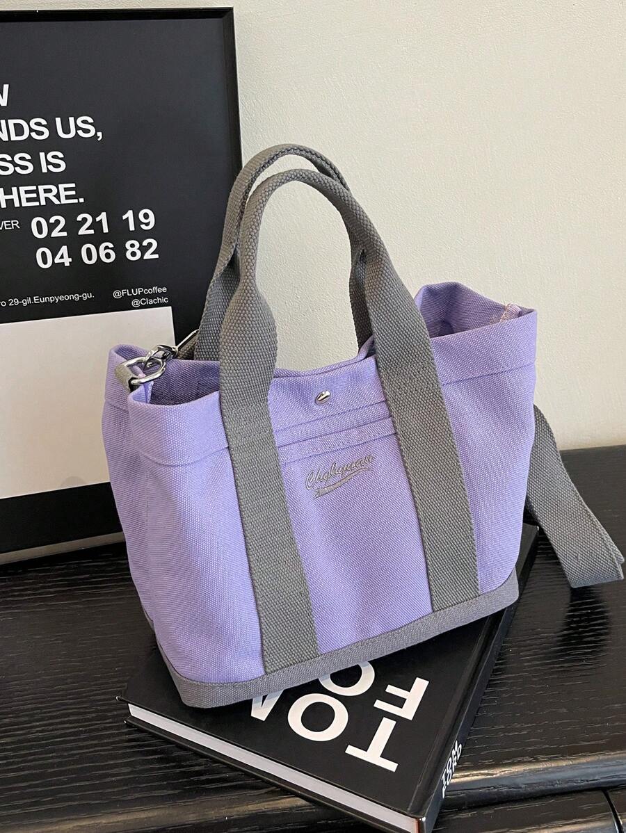 Autumn/Winter New Fashion Khaki Tote Bag Niche Casual Shoulder Crossbody Bag With Solid Letters Ladies Canvas Bag, Artistic Style School Bag & Book Bag For Women Or Students, Perfect For Books, Shopping, Back To School And More - Purple - View 1