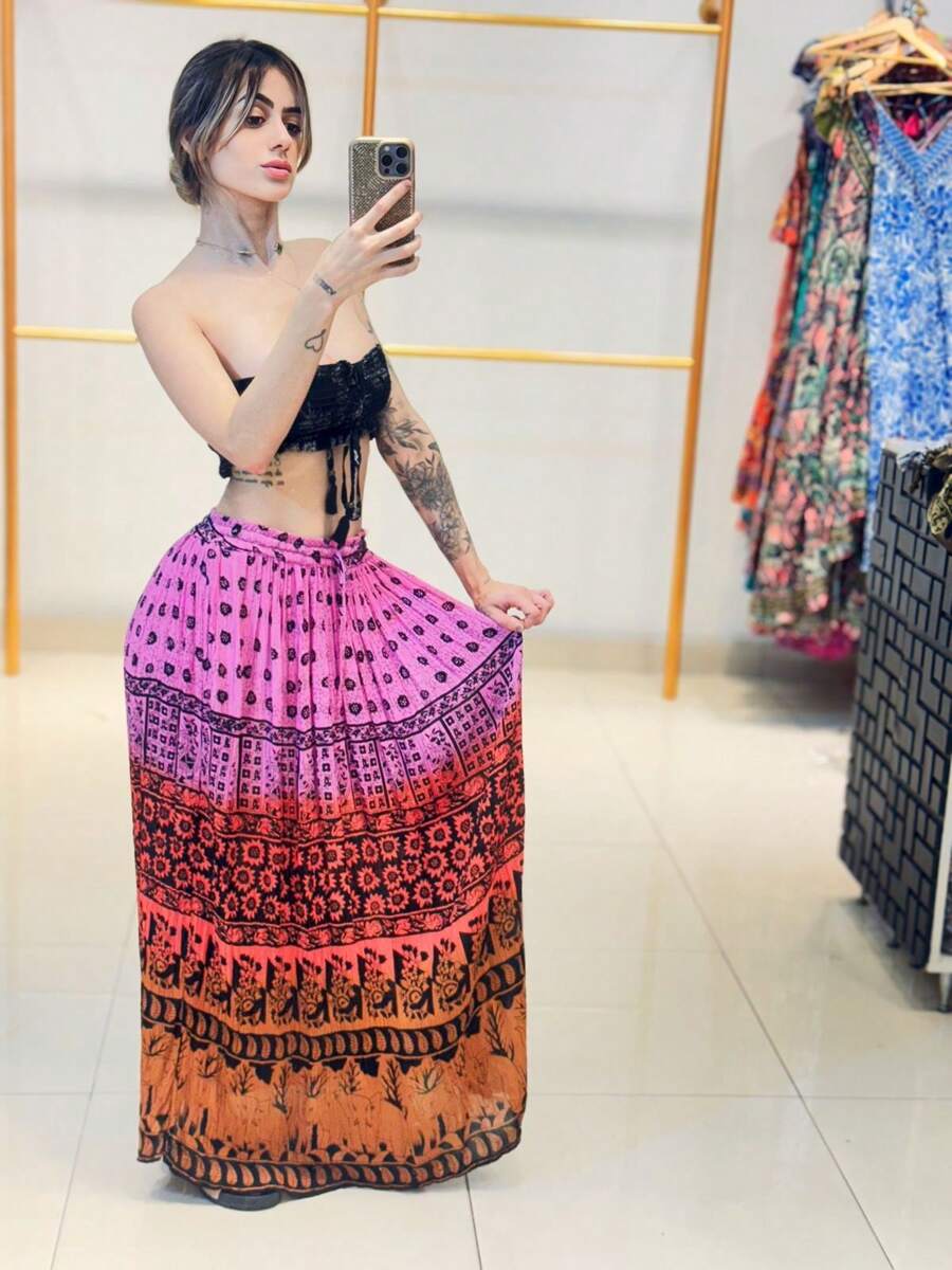 Women's Long Skirt With  Print - Màu Hồng baby - Xem 1