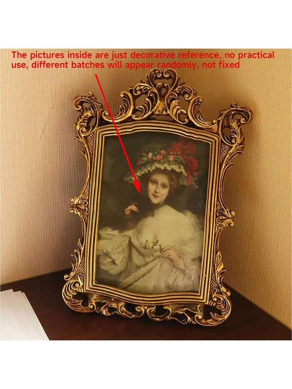 1 pieza Marco de fotos miniatura redondo tallado de color dorado antiguo, marco de fotos al estilo cortesano nostálgico para decoración de paredes del hogar, decoración de escritorio, marco de fotos decorativo de figuras, decoración de habitaciones, decoración del hogar
