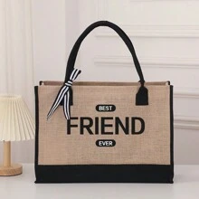 Thời trang Dung tích lớn Cổ điển Màu tương phản Chắp vá In chữ Túi Tote dành cho nữ Túi quà tặng ngày lễ Túi Tote thường ngày dành cho nam và nữ Túi mua sắm phổ thông Túi Tote - Màu Khaki - Xem 12