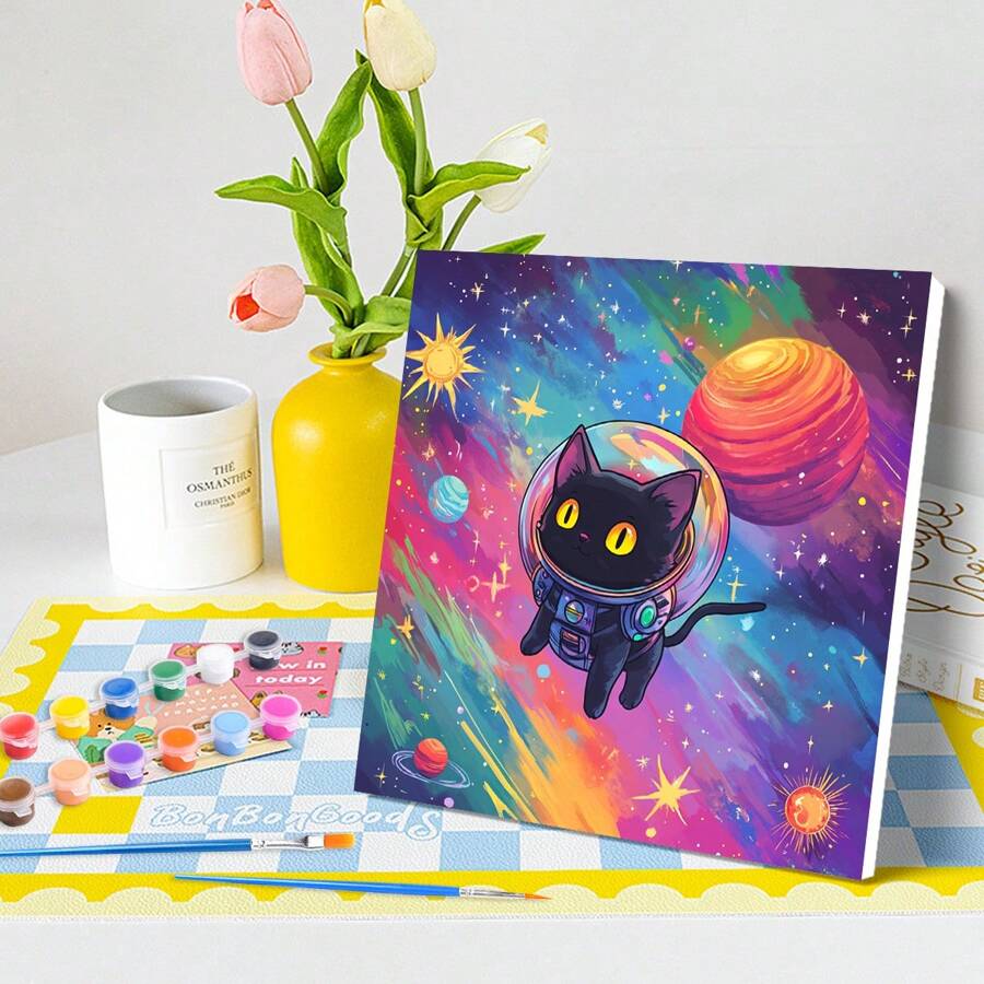 1 件带框 DIY 数字油画 卡通猫咪动物丙烯数字油画 可用作 DIY 礼物 20x20cm/7.87x7.87 英寸 - 20x20cm - 查看 1