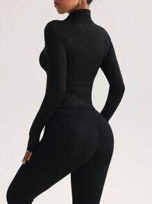 FWH 女士修身健身跑步运动拉链弹力休闲收腹柔软风格简约优雅服装套装 - 极具吸引力的组合，撞色拼接，跑步街头穿着，时尚性感紧身长袖瑜伽夹克两件套