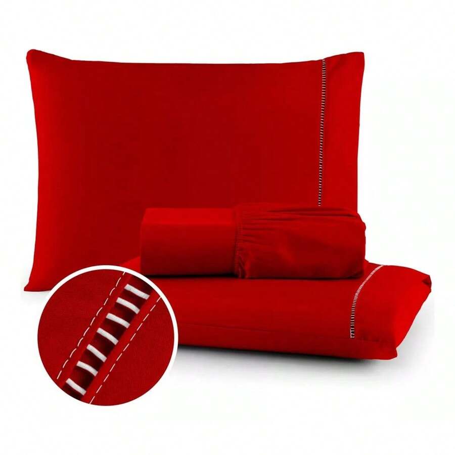 400 Thread Count Bedding Set With Elastic Band Hotel Standard All Sizes Micropercal Sheet - 紅色 - 查看 1